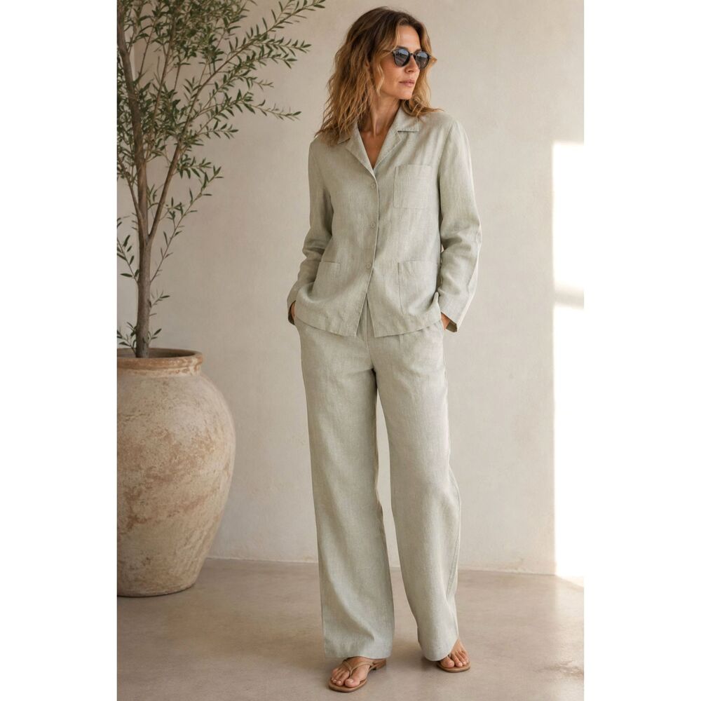 VTG 90s Nicole Farhi 100% Linen 2pc Suit Tailored Blazer Straight Leg Pant Set 8